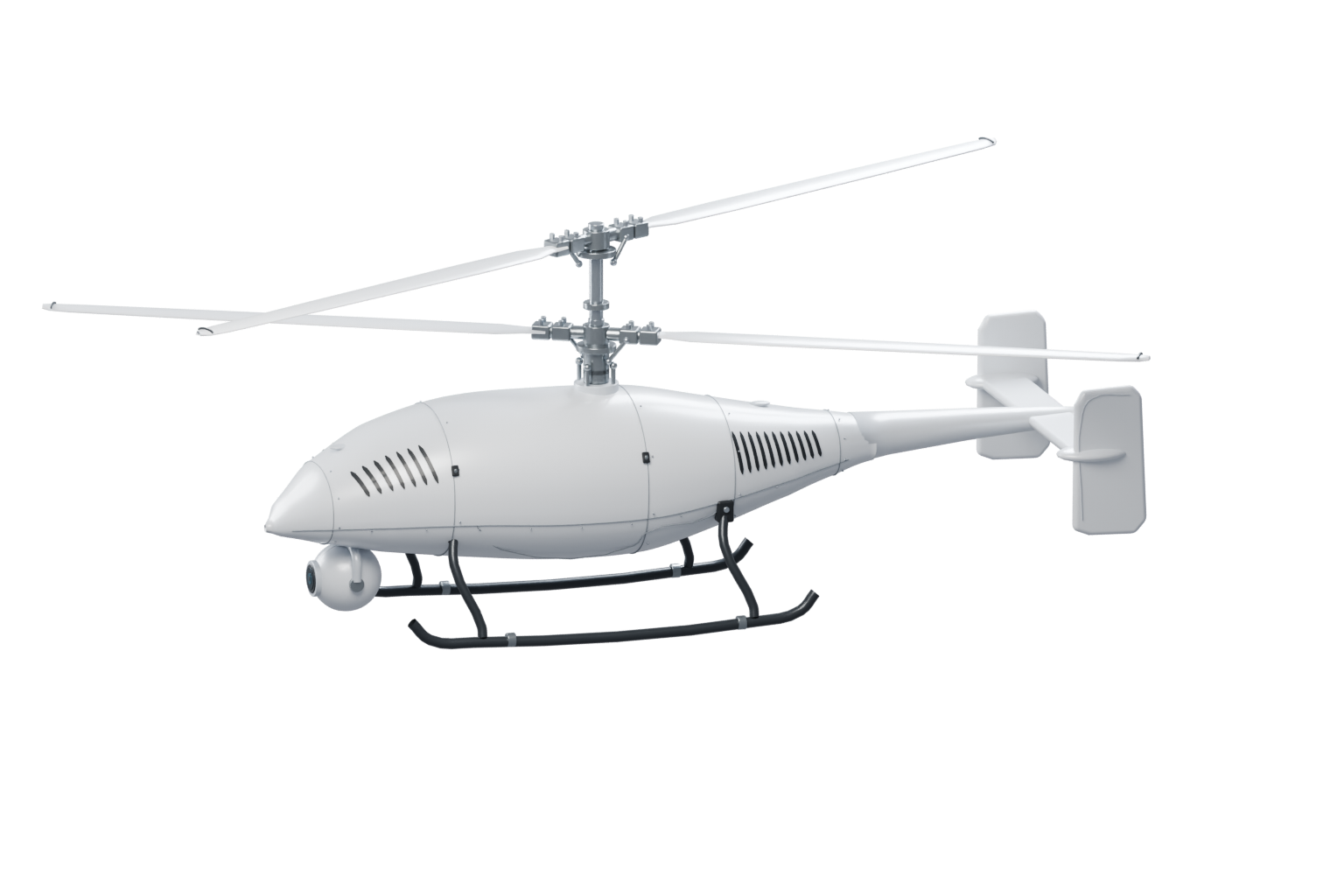 White coaxial drone with a nose camera gimbal, twin rotors and landing skids